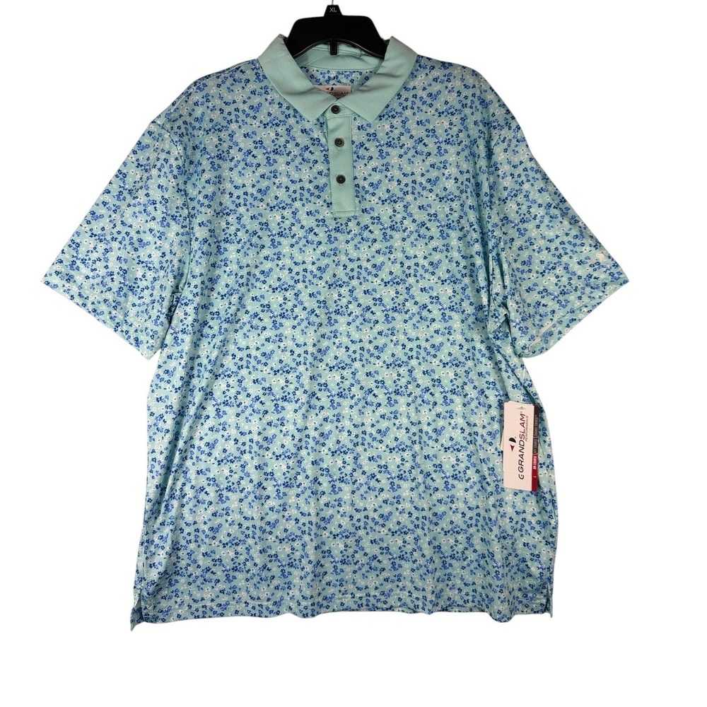 Grand Slam Performance Golf Polo Shirt‎ Mens XL Pastel Turquoise Floral NWT